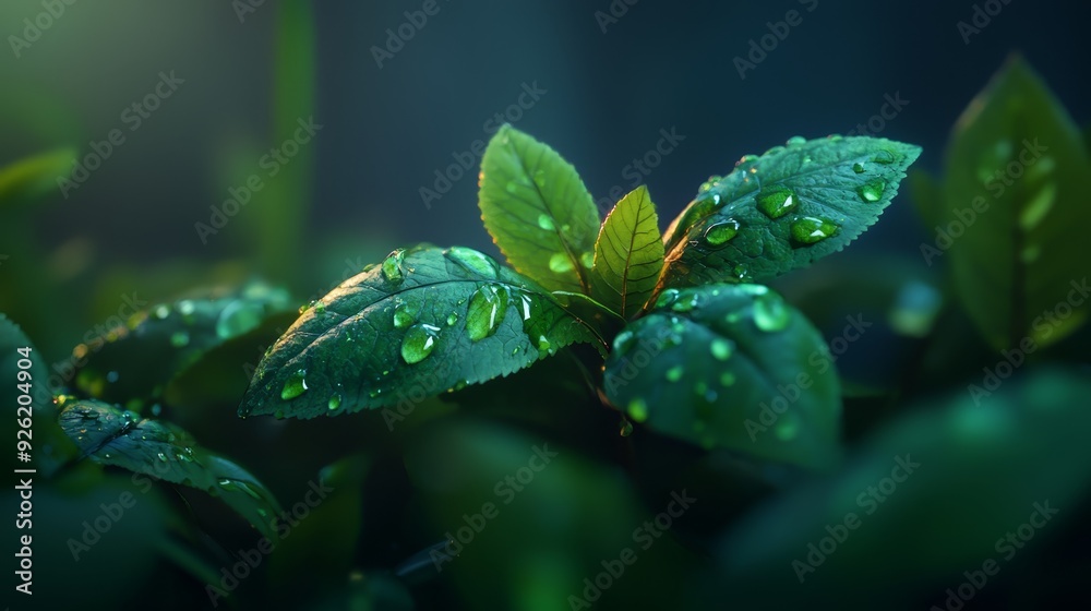A close-up of a plant with water droplets on its leaves The foreground is occupied by the leaves A close-up of a plant with water droplets on its leaves The foreground is occupied by the leaves