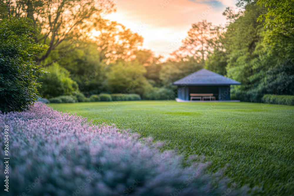 Calm and serene garden with ample copyspace, colorful skies and vegetation. Property outdoors conceptual image for reflection and relaxation. Calm and serene garden with ample copyspace, colorful skies and vegetation. Property outdoors conceptual image for reflection and relaxation.