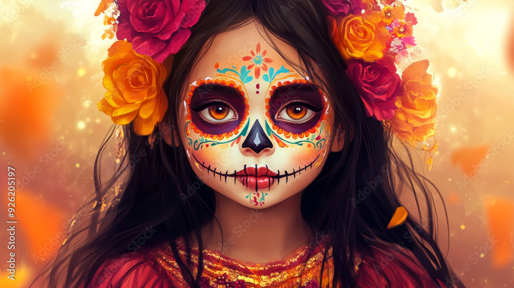 A young girl with colorful Día de los Muertos face paint and flower crown, celebrating life and honoring ancestors in the vibrant Mexican tradition. A young girl with colorful Día de los Muertos face paint and flower crown, celebrating life and honoring ancestors in the vibrant Mexican tradition.