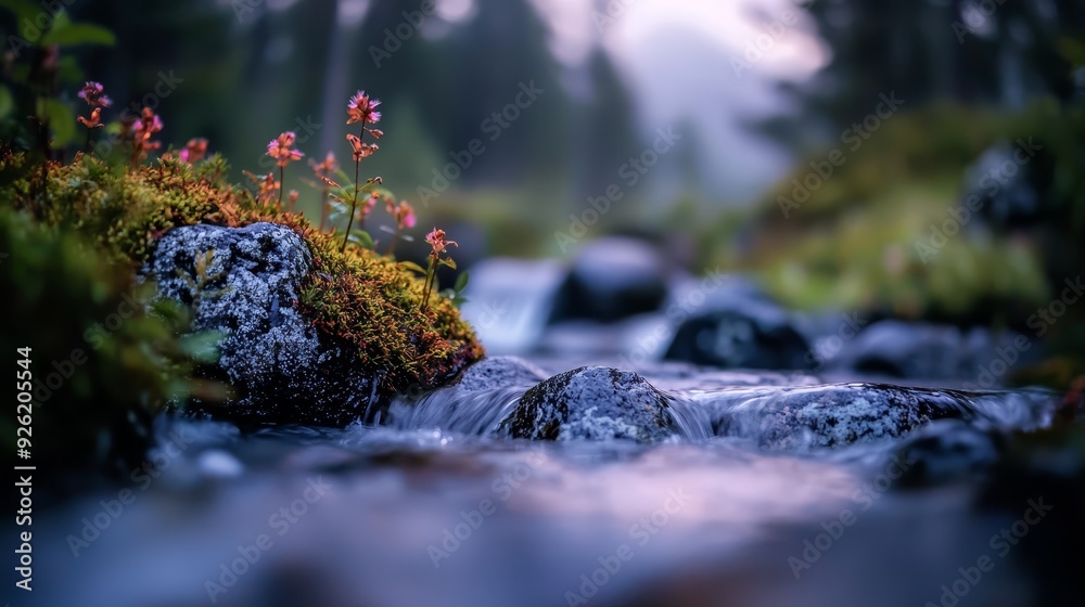 A small stream runs through a lush forest, teeming with verdant grass and red and white blooms adjacent to a dense woodland abundant in trees A small stream runs through a lush forest, teeming with verdant grass and red and white blooms adjacent to a dense woodland abundant in trees