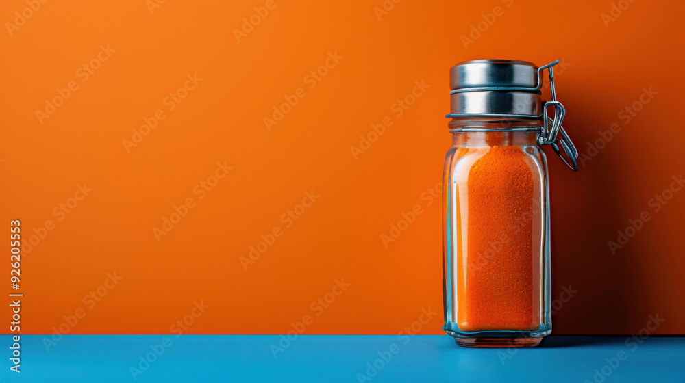 A close-up of a glass jar containing bright orange powder, set against a vibrant orange and blue background. A close-up of a glass jar containing bright orange powder, set against a vibrant orange and blue background.