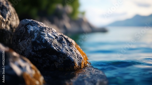  A rock in the foreground of a body of water, a mountain rising behind it in the backdrop