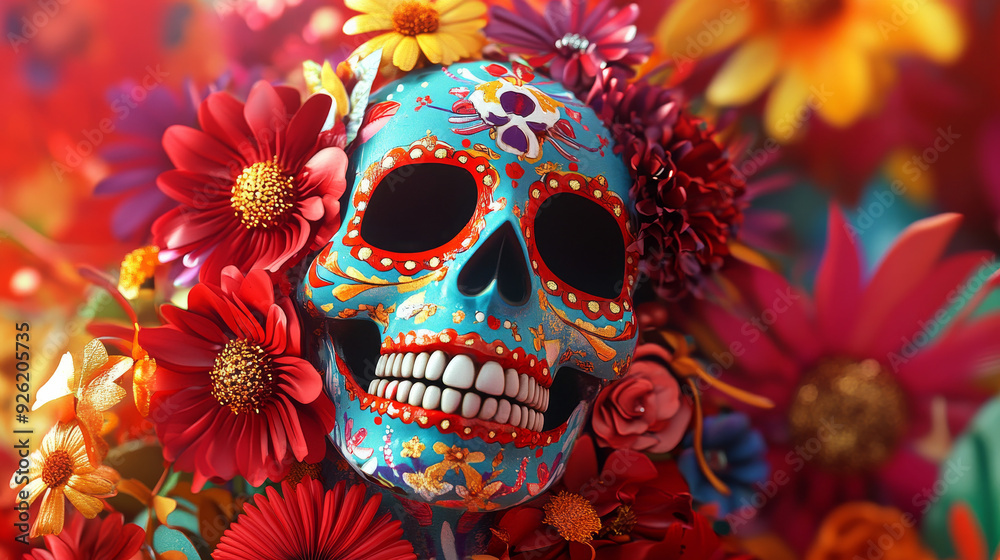 A glowing Día de los Muertos sugar skull surrounded by bright flowers, symbolizing the joy of life and the remembrance of loved ones, in a vibrant and festive display. A glowing Día de los Muertos sugar skull surrounded by bright flowers, symbolizing the joy of life and the remembrance of loved ones, in a vibrant and festive display.