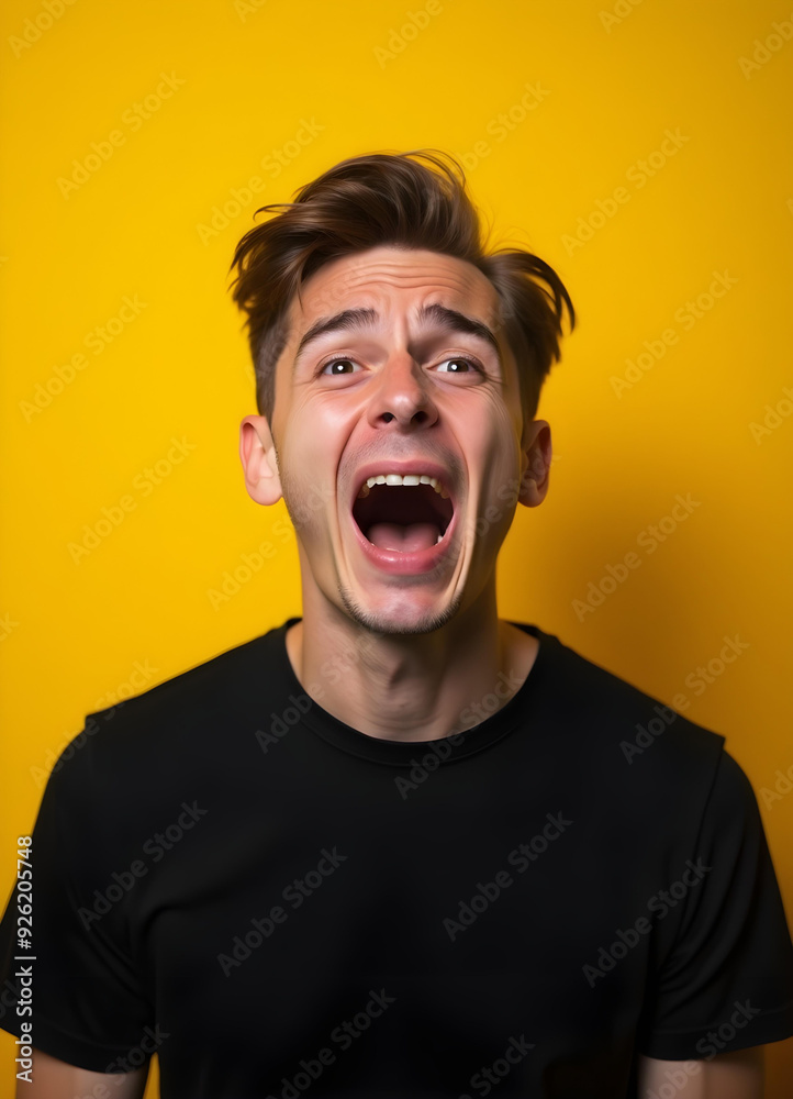 Portrait of a mature man caucasian man giving a screaming pose, wearing black shirt. Isolated on yellow background. Portrait of a mature man caucasian man giving a screaming pose, wearing black shirt. Isolated on yellow background.