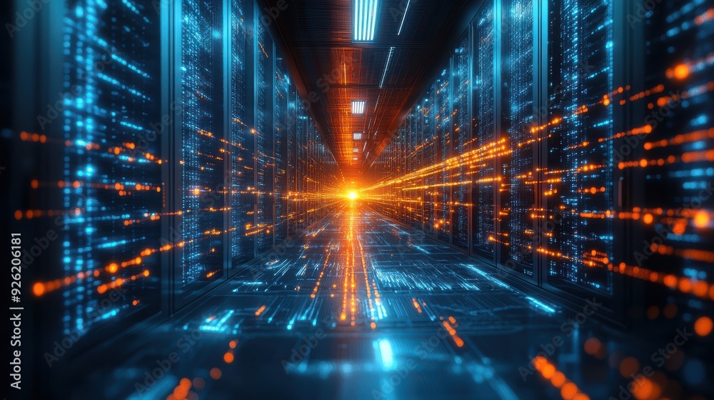 Glowing futuristic hallway of a modern data center, lined with blue-lit servers and reflecting orange light, representing advanced technology and data storage Glowing futuristic hallway of a modern data center, lined with blue-lit servers and reflecting orange light, representing advanced technology and data storage