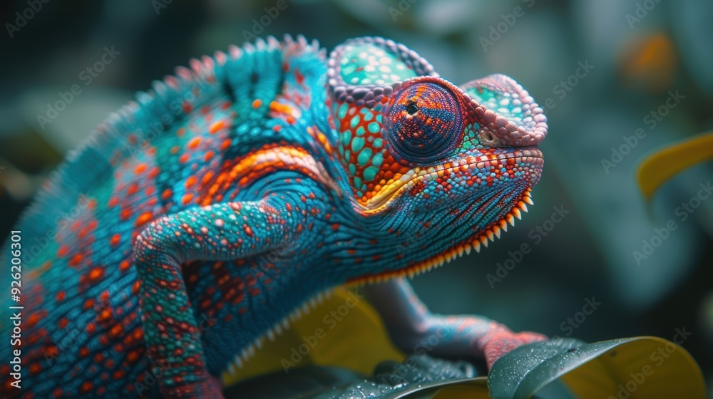 A vibrant chameleon resting on green leaves in a tropical environment A vibrant chameleon resting on green leaves in a tropical environment