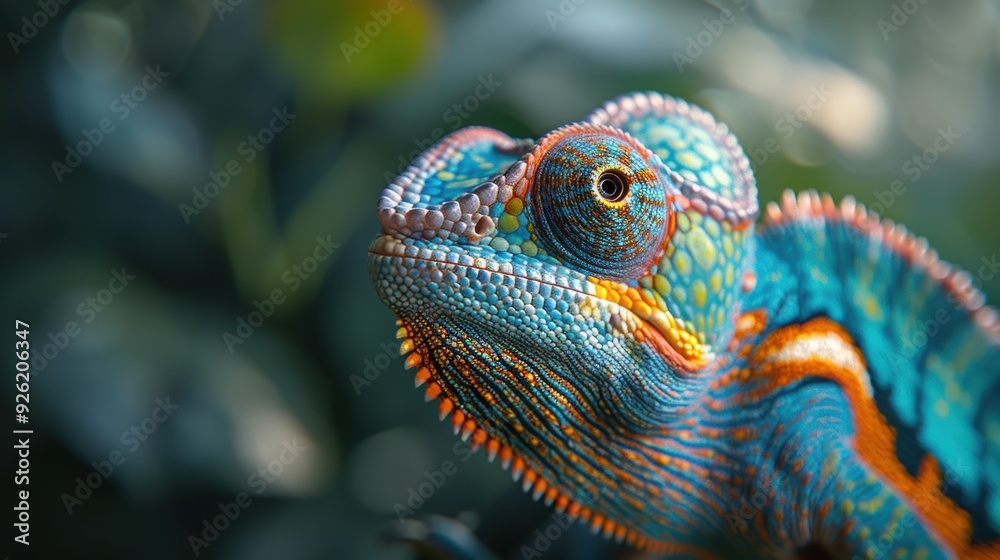 Colorful chameleon perched on a branch in a tropical environment during daylight Colorful chameleon perched on a branch in a tropical environment during daylight