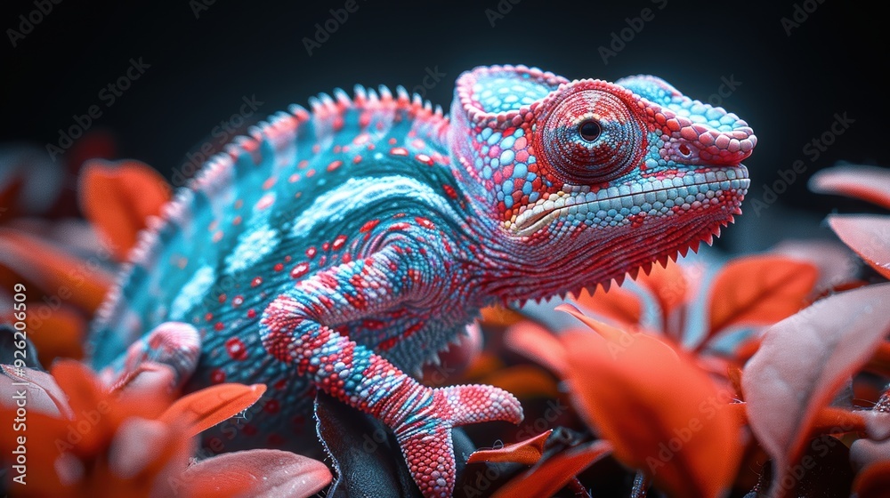Colorful chameleon resting on vibrant red leaves in a tropical environment Colorful chameleon resting on vibrant red leaves in a tropical environment