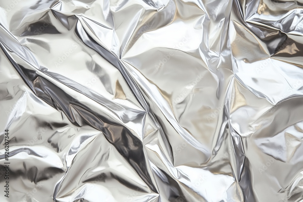 Metallic silver texture with glossy shimmering finish, abstract background with curves, crumpled foil paper with reflection. Metallic silver texture with glossy shimmering finish, abstract background with curves, crumpled foil paper with reflection.