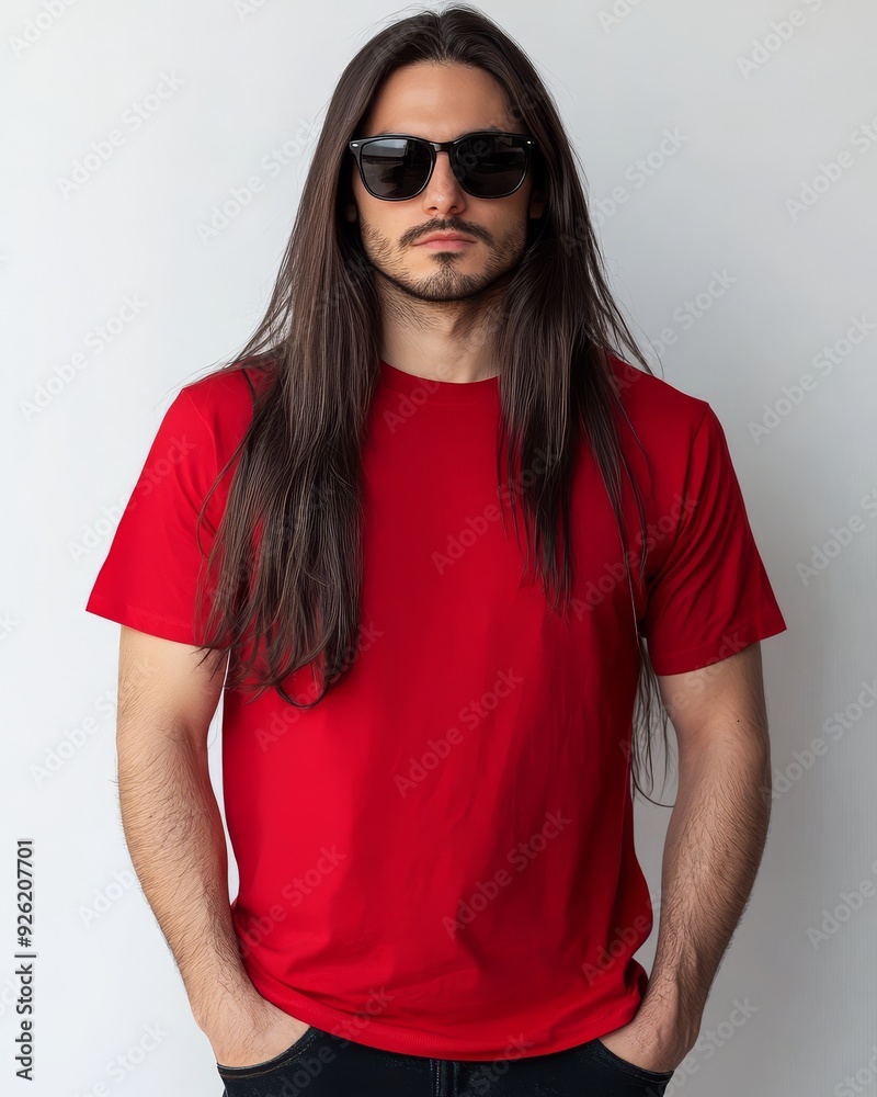 Model confidently presents a blank t-shirt with long hair and stylish sunglasses Model confidently presents a blank t-shirt with long hair and stylish sunglasses
