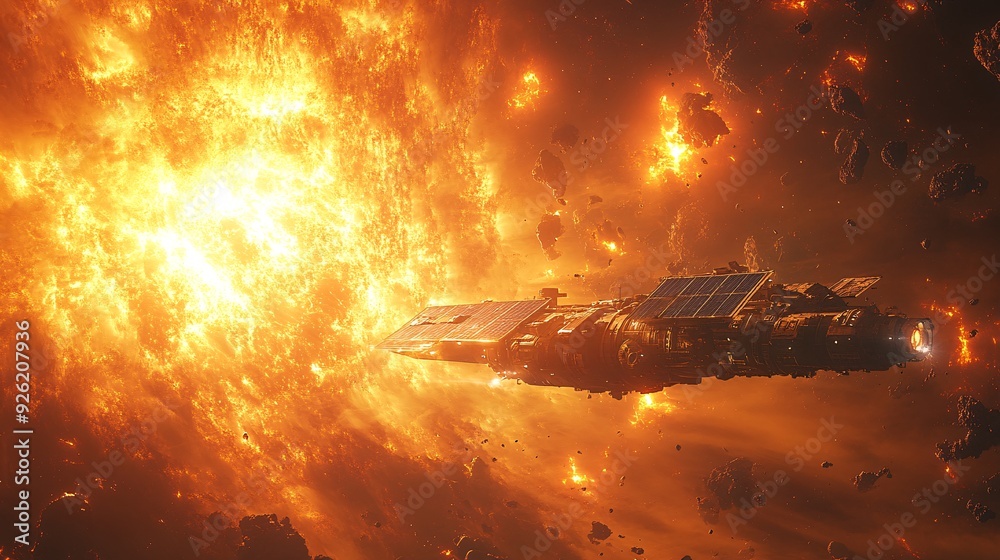 Solar Cell Spaceship Absorbing a Solar Flare: A spaceship with solar panels harnessing the energy of a powerful solar flare. Solar Cell Spaceship Absorbing a Solar Flare: A spaceship with solar panels harnessing the energy of a powerful solar flare.