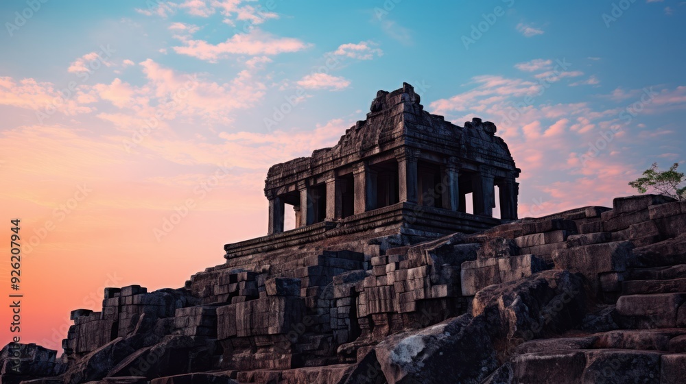 Obraz premium Dramatic silhouette of the Preah Vihear Temple perched on a cliff, with the sun setting behind it,