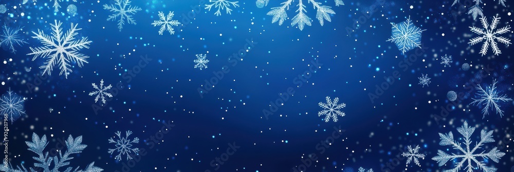 Blue Background with Scattered White Snowflakes and Glittering Lights Blue Background with Scattered White Snowflakes and Glittering Lights