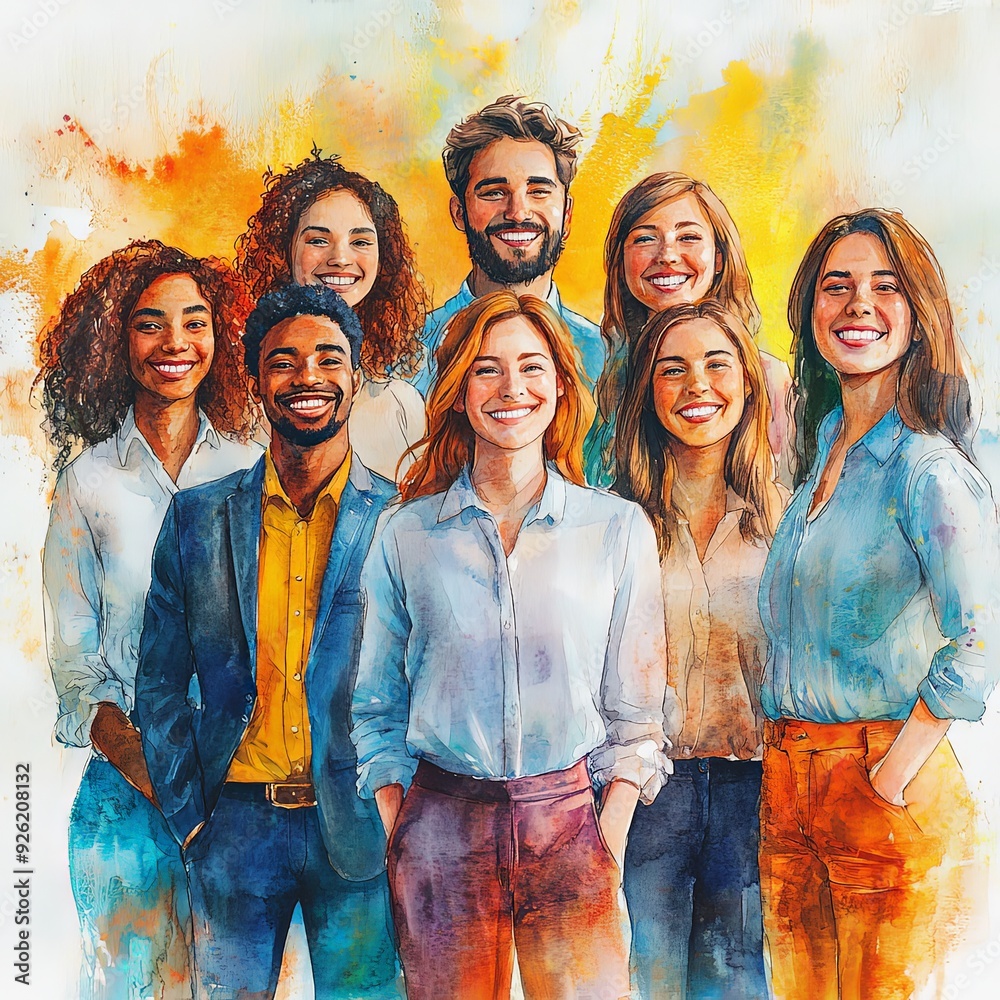 Diverse Young Professionals Group in Vibrant Watercolor Painting Diverse Young Professionals Group in Vibrant Watercolor Painting