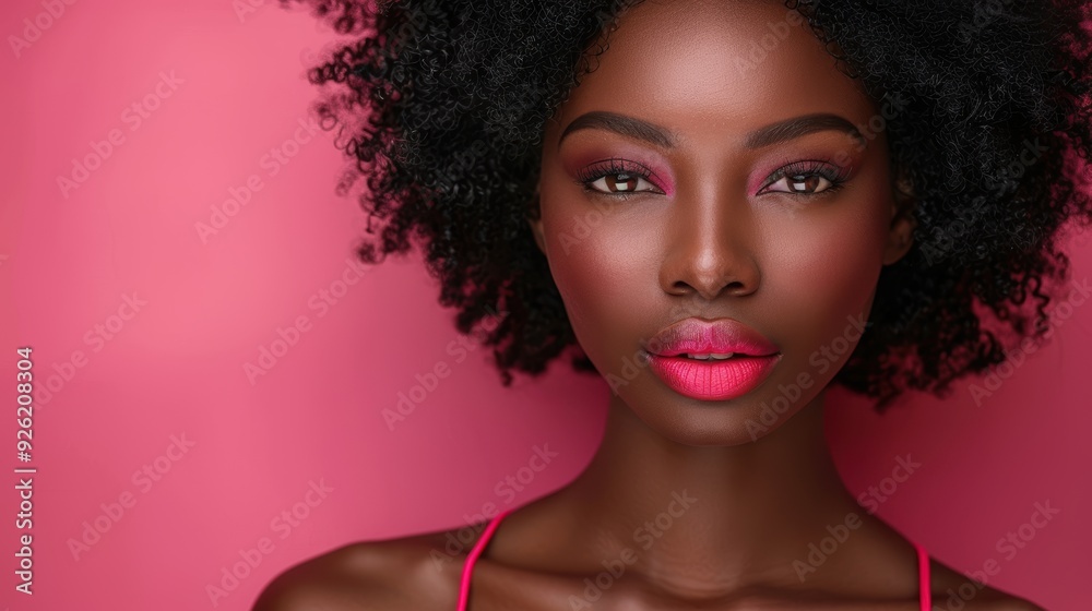 Fototapeta premium Portrait of a woman with curly hair showcasing vibrant makeup against a pink background