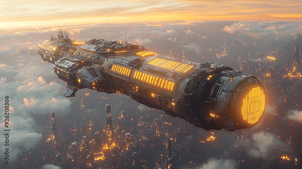 Solar Cell Spaceship Near an Alien Civilization: A spaceship with solar panels observing a distant, advanced alien city from orbit. Solar Cell Spaceship Near an Alien Civilization: A spaceship with solar panels observing a distant, advanced alien city from orbit.