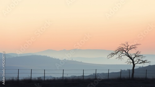 Wallpaper Mural Silhouette of a barbed wire fence with a silhouette of a distant landscape, including rolling hills and a lone tree Torontodigital.ca