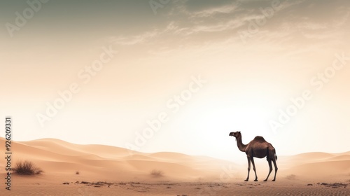 Silhouette of a camel standing against the backdrop of a vibrant desert sunset