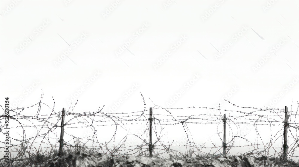 The outline of a barbed wire fence creates a dramatic contrast against a plain white backdrop, The outline of a barbed wire fence creates a dramatic contrast against a plain white backdrop,