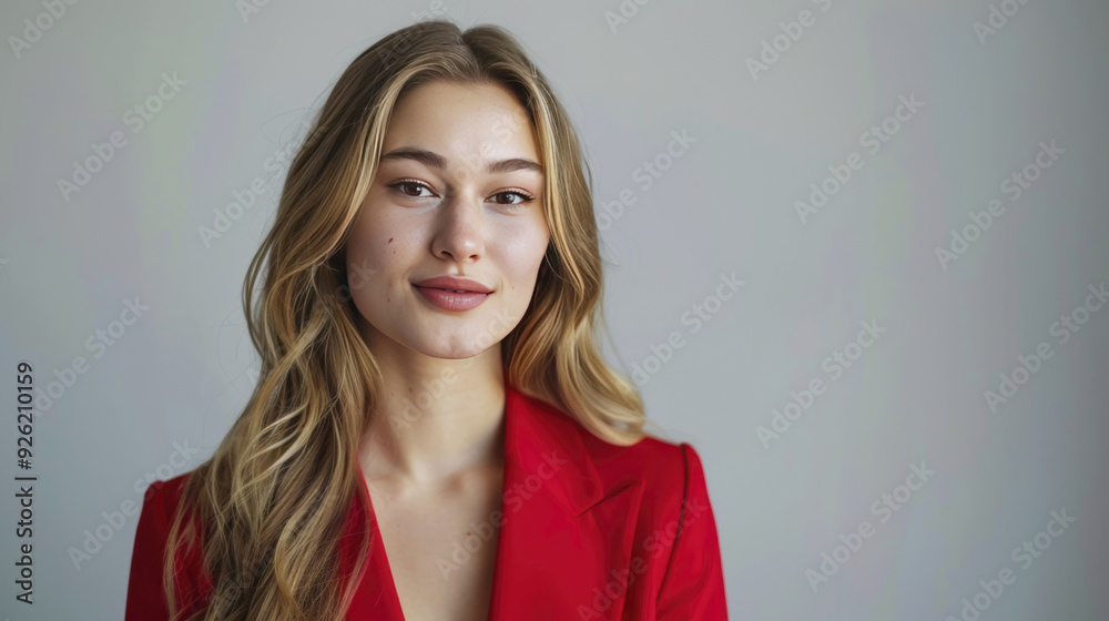 A young attractive hearty smile Russian business girl wearing red suit standing at office A young attractive hearty smile Russian business girl wearing red suit standing at office