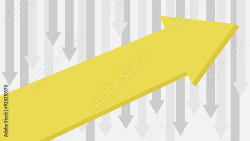 Tableau sur toile A large yellow arrow pointing upward against a background of multiple gray arrows pointing downward, symbolizing contrast or resistance to loss