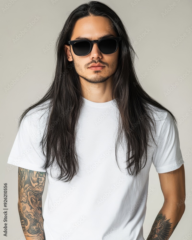 Model confidently wears a blank t-shirt, exuding a stylish bad boy vibe Model confidently wears a blank t-shirt, exuding a stylish bad boy vibe