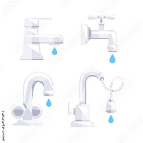 Four different illustrations of water taps leaking water drops, representing concepts like plumbing and water conservation