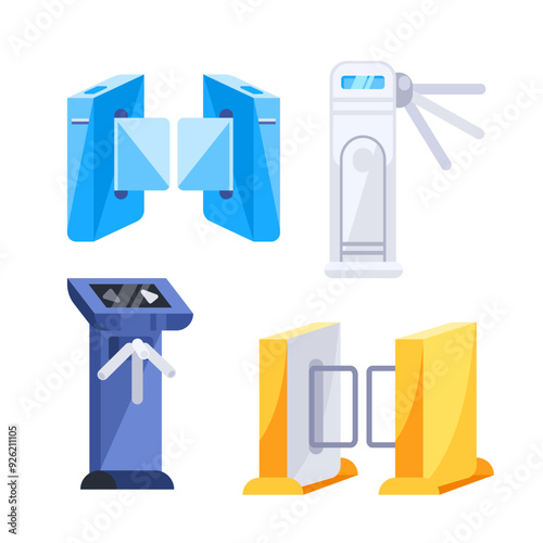 Collection of various turnstiles, controlling access to secure areas in office buildings, subway stations, and other restricted locations