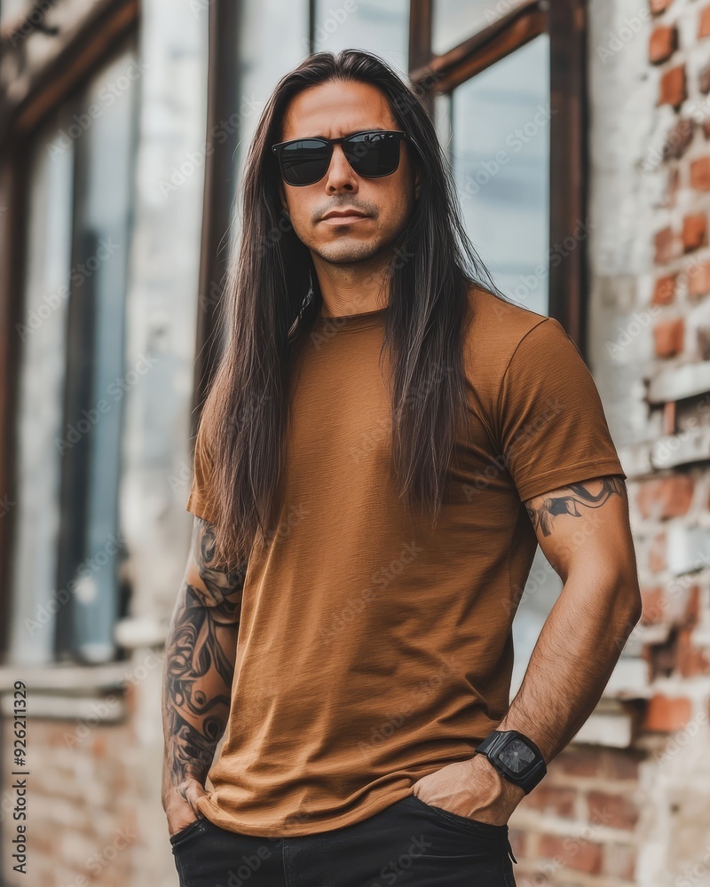 Model poses confidently in a blank tee with a striking urban aesthetic