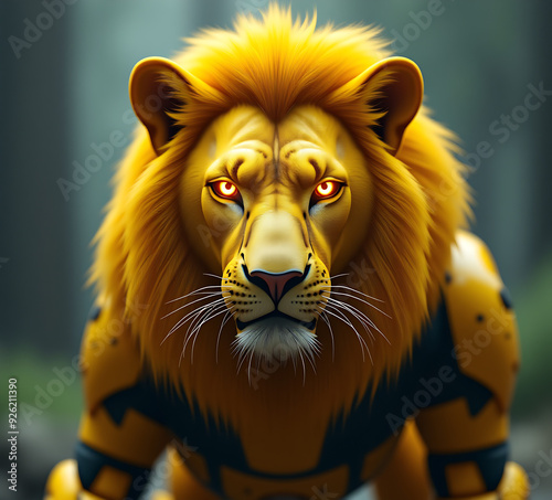 robot lion with yellow fur and glowing eyes photo