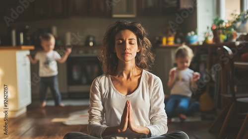 A mother practices mindfulness meditation in a busy kitchen while her children play, symbolizing the balance between parenting stress and mindfulness.