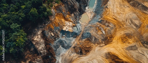 Gold mining's environmental footprint featuring eroded land toxic mine tailings destruction of forests disruption to local wildlife