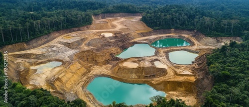 Gold mining's environmental footprint featuring eroded land toxic mine tailings destruction of forests disruption to local wildlife