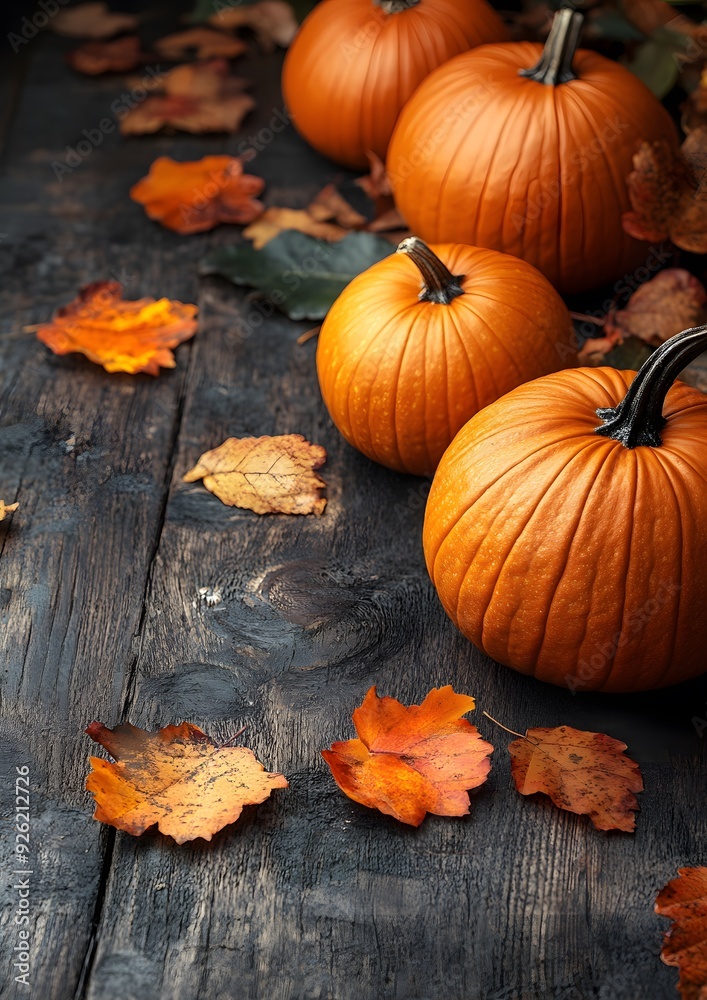 Thanksgiving concept with pumpkins and colorful maple leaves on a rustic wooden table, ideal for autumn-themed designs. Thanksgiving concept with pumpkins and colorful maple leaves on a rustic wooden table, ideal for autumn-themed designs.