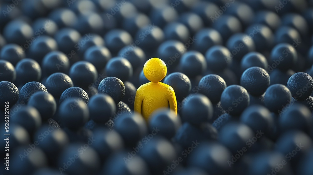 Obraz premium A yellow figure stands out among a crowd of blue figures, symbolizing exceptional talent, leadership, and visionary qualities.