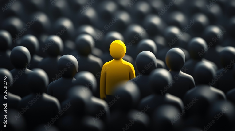 Obraz premium A yellow figure stands out among a crowd of gray figures, symbolizing uniqueness, leadership, and talent.