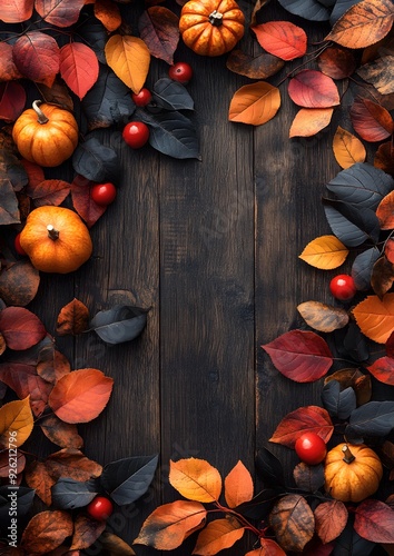 Red-yellow autumn leaves and pumpkins arranged on a wooden vintage table, perfect for creating a festive autumn banner.