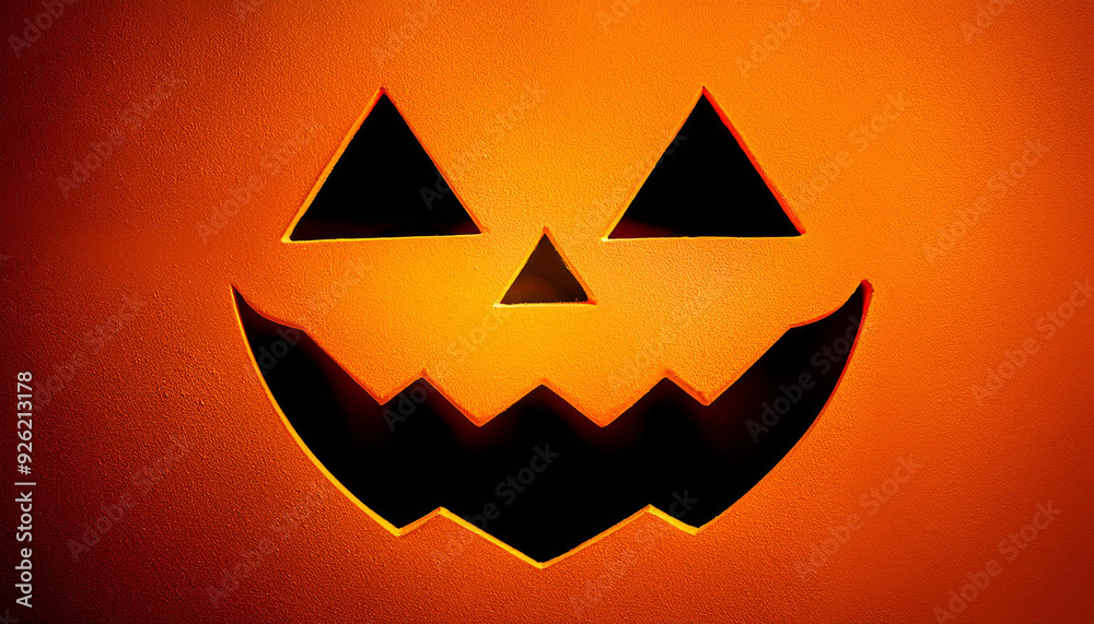 Glowing Jack-O'-Lantern Face Carved in Pumpkin. Halloween Symbol Illuminated with Warm Orange Light, Featuring Triangular Eyes, Nose, and Zigzag Mouth on a Smooth Textured Background. Banner With Copy Glowing Jack-O'-Lantern Face Carved in Pumpkin. Halloween Symbol Illuminated with Warm Orange Light, Featuring Triangular Eyes, Nose, and Zigzag Mouth on a Smooth Textured Background. Banner With Copy