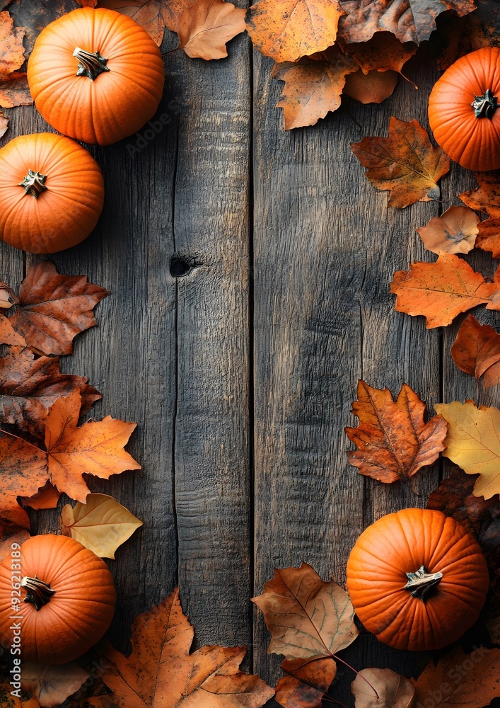 Thanksgiving banner featuring pumpkins and colorful maple leaves on a rustic wooden table. Thanksgiving banner featuring pumpkins and colorful maple leaves on a rustic wooden table.