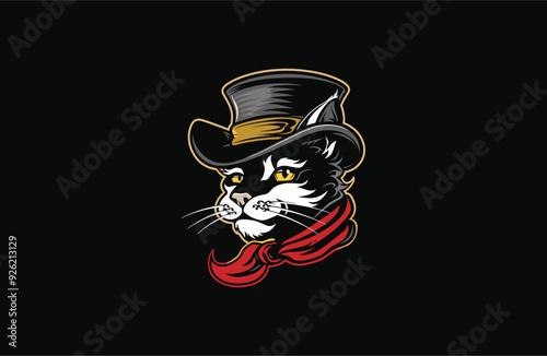 Cat wearing a hat logo style icon design template vector illustration