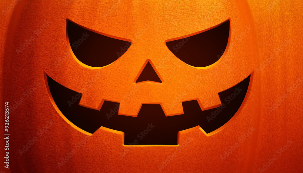 Glowing Jack-O'-Lantern Face Carved in Pumpkin. Halloween Symbol Illuminated with Warm Orange Light, Featuring Triangular Eyes, Nose, and Zigzag Mouth on a Smooth Textured Background. Banner With Copy Glowing Jack-O'-Lantern Face Carved in Pumpkin. Halloween Symbol Illuminated with Warm Orange Light, Featuring Triangular Eyes, Nose, and Zigzag Mouth on a Smooth Textured Background. Banner With Copy