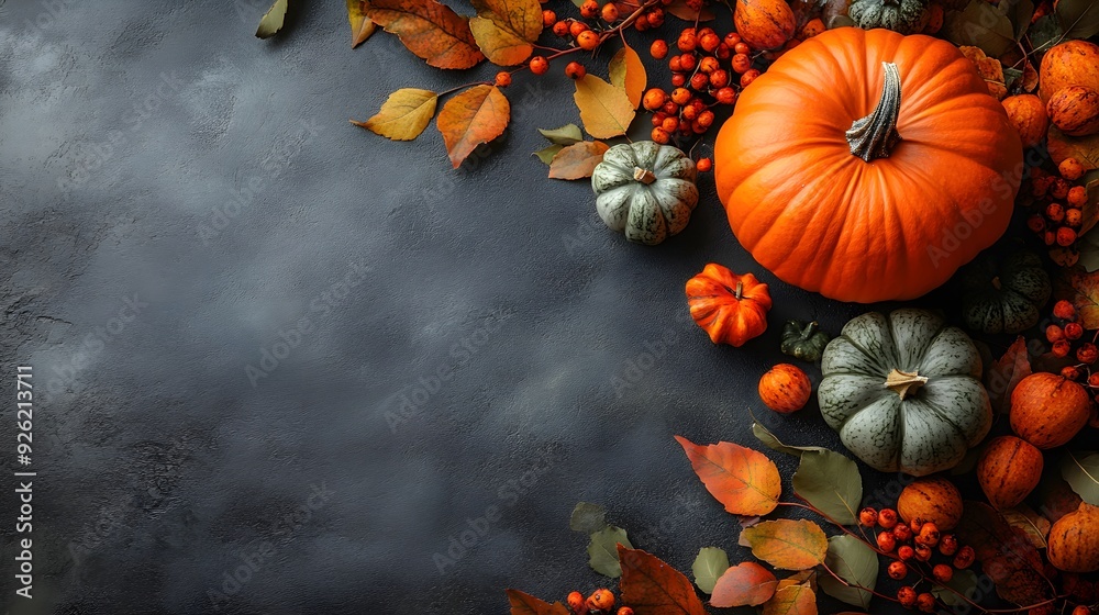 Autumn leaves and a pumpkin on a dark surface, creating an elegant Thanksgiving decoration with space for text. Autumn leaves and a pumpkin on a dark surface, creating an elegant Thanksgiving decoration with space for text.