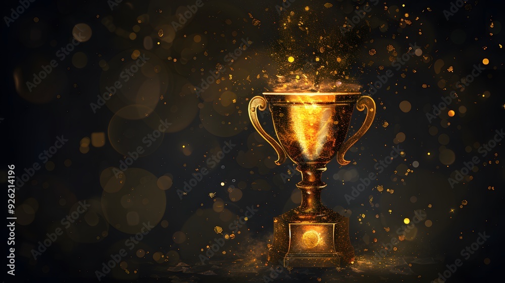 Golden trophy on a dark background with bokeh lights Golden trophy on a dark background with bokeh lights