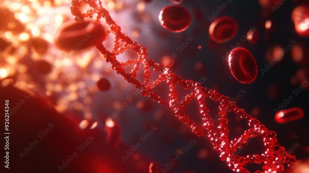 Close-up view of a DNA strand with red blood cells, illustrating the connection between genetics and human health. Close-up view of a DNA strand with red blood cells, illustrating the connection between genetics and human health.