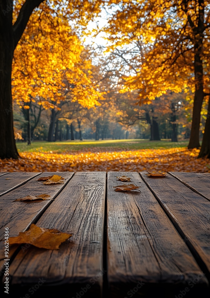 Sunlit wooden table with a serene autumn park backdrop, ideal for seasonal product displays. Sunlit wooden table with a serene autumn park backdrop, ideal for seasonal product displays.