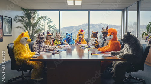 Weird Stock Photos: Surreal Office Meeting with People in Animal Costumes