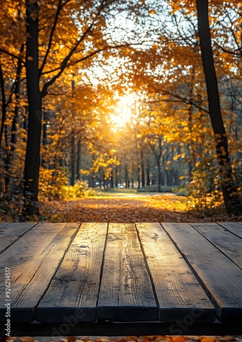 Sunlight-dappled wooden table with autumn leaves and park in the background, perfect for product displays. photo