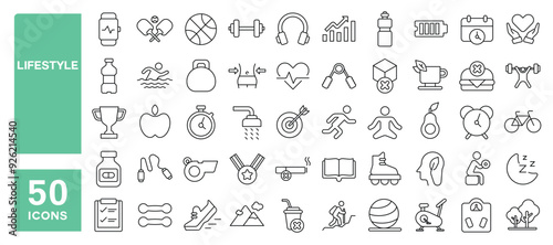 Set of 50 line icons related to lifestyle, diet, exercise, sleep, healthy, nutrition, fitness, hobby, Editable stroke. Vector illustration