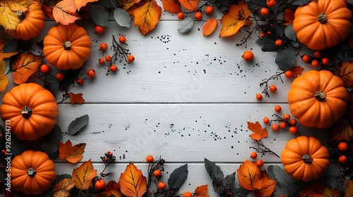 Elegant autumn decor with pumpkins, berries, and scattered leaves on a white wooden background, perfect for Thanksgiving or Halloween-themed visuals. photo