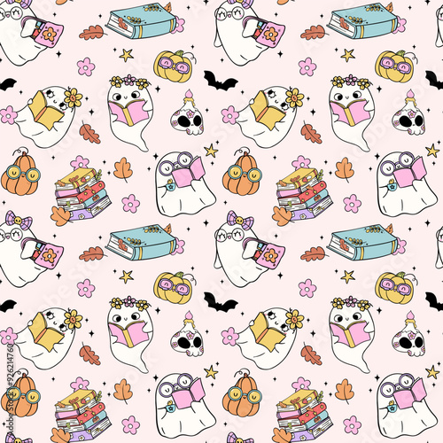 Groovy Girl Ghost Reading Book Halloween Seamless Pattern Playful Trendy Bookish Cartoon doodle